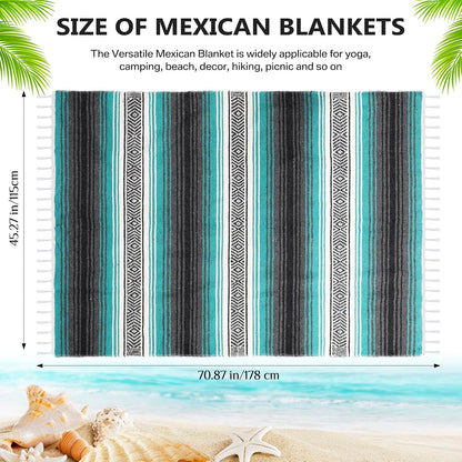 4 Pcs Mexican Blankets Bulk Handwoven Mexican Yoga Blanket Towel Colorful Falsa Serape Woven Throw Blanket Boho Beach Blankets for Outdoor Camping Beach Picnic Travel Home (Blue Green)