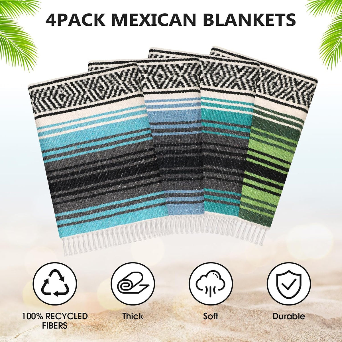 4 Pcs Mexican Blankets Bulk Handwoven Mexican Yoga Blanket Towel Colorful Falsa Serape Woven Throw Blanket Boho Beach Blankets for Outdoor Camping Beach Picnic Travel Home (Blue Green)