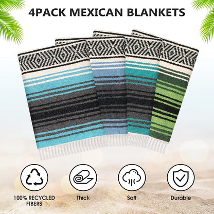 4 Pcs Mexican Blankets Bulk Handwoven Mexican Yoga Blanket Towel Colorful Falsa Serape Woven Throw Blanket Boho Beach Blankets for Outdoor Camping Beach Picnic Travel Home (Blue Green)