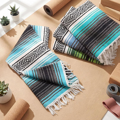 4 Pcs Mexican Blankets Bulk Handwoven Mexican Yoga Blanket Towel Colorful Falsa Serape Woven Throw Blanket Boho Beach Blankets for Outdoor Camping Beach Picnic Travel Home (Blue Green)