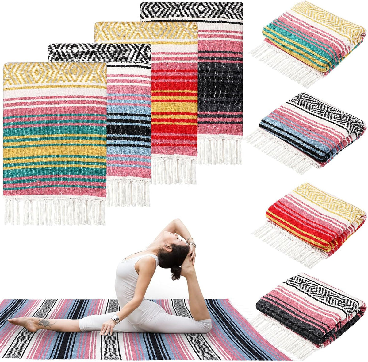 4 Pcs Mexican Blankets Bulk Handwoven Mexican Yoga Blanket Towel Colorful Falsa Serape Woven Throw Blanket Boho Beach Blankets for Outdoor Camping Beach Picnic Travel Home (Blue Green)