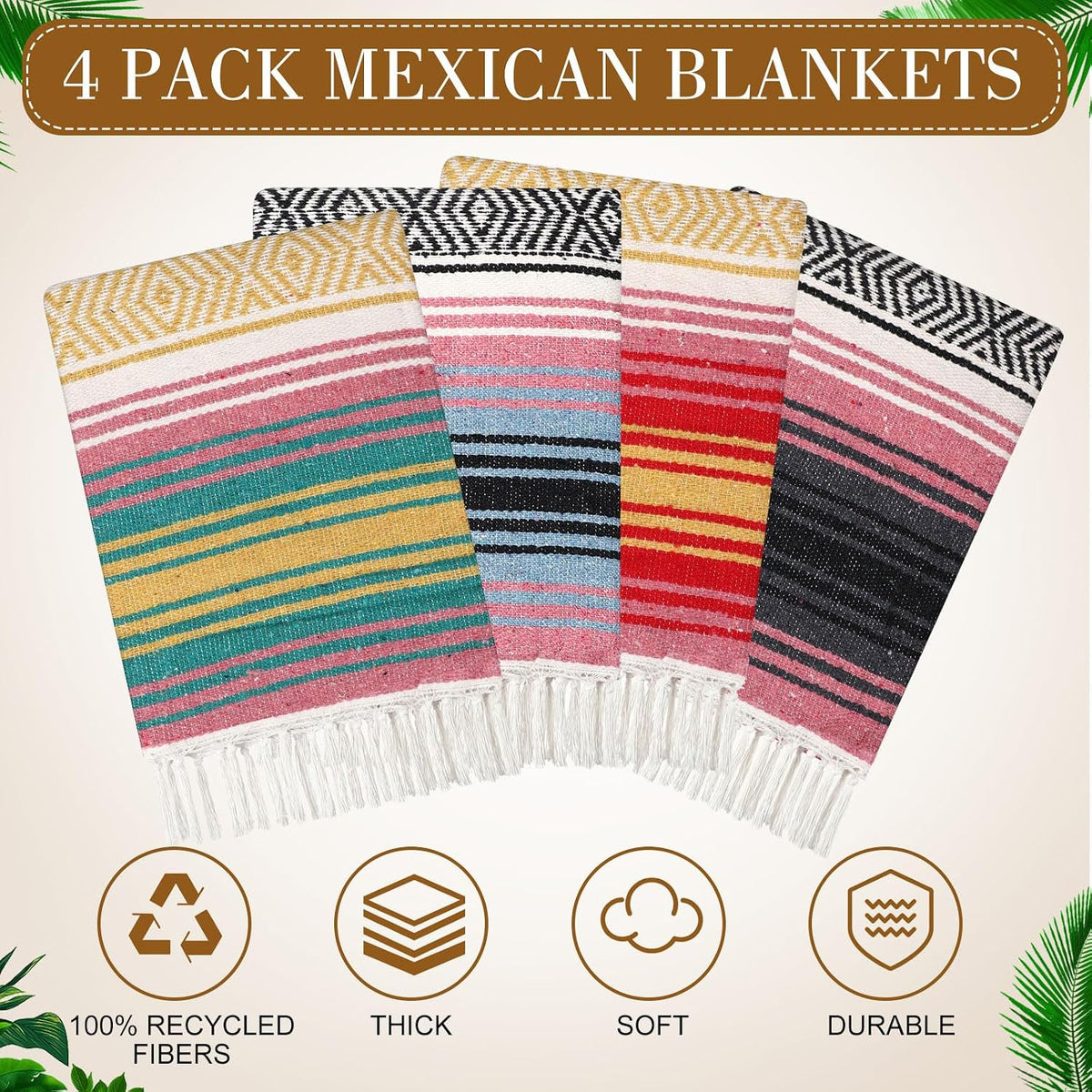 4 Pcs Mexican Blankets Bulk Handwoven Mexican Yoga Blanket Towel Colorful Falsa Serape Woven Throw Blanket Boho Beach Blankets for Outdoor Camping Beach Picnic Travel Home (Blue Green)