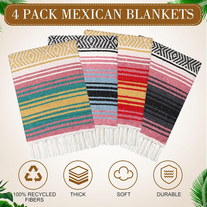 4 Pcs Mexican Blankets Bulk Handwoven Mexican Yoga Blanket Towel Colorful Falsa Serape Woven Throw Blanket Boho Beach Blankets for Outdoor Camping Beach Picnic Travel Home (Blue Green)