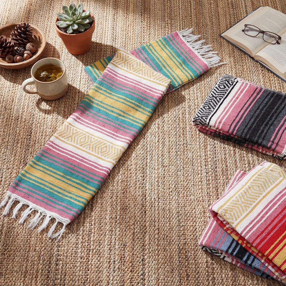 4 Pcs Mexican Blankets Bulk Handwoven Mexican Yoga Blanket Towel Colorful Falsa Serape Woven Throw Blanket Boho Beach Blankets for Outdoor Camping Beach Picnic Travel Home (Blue Green)