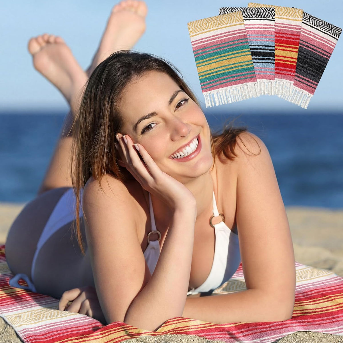 4 Pcs Mexican Blankets Bulk Handwoven Mexican Yoga Blanket Towel Colorful Falsa Serape Woven Throw Blanket Boho Beach Blankets for Outdoor Camping Beach Picnic Travel Home (Blue Green)