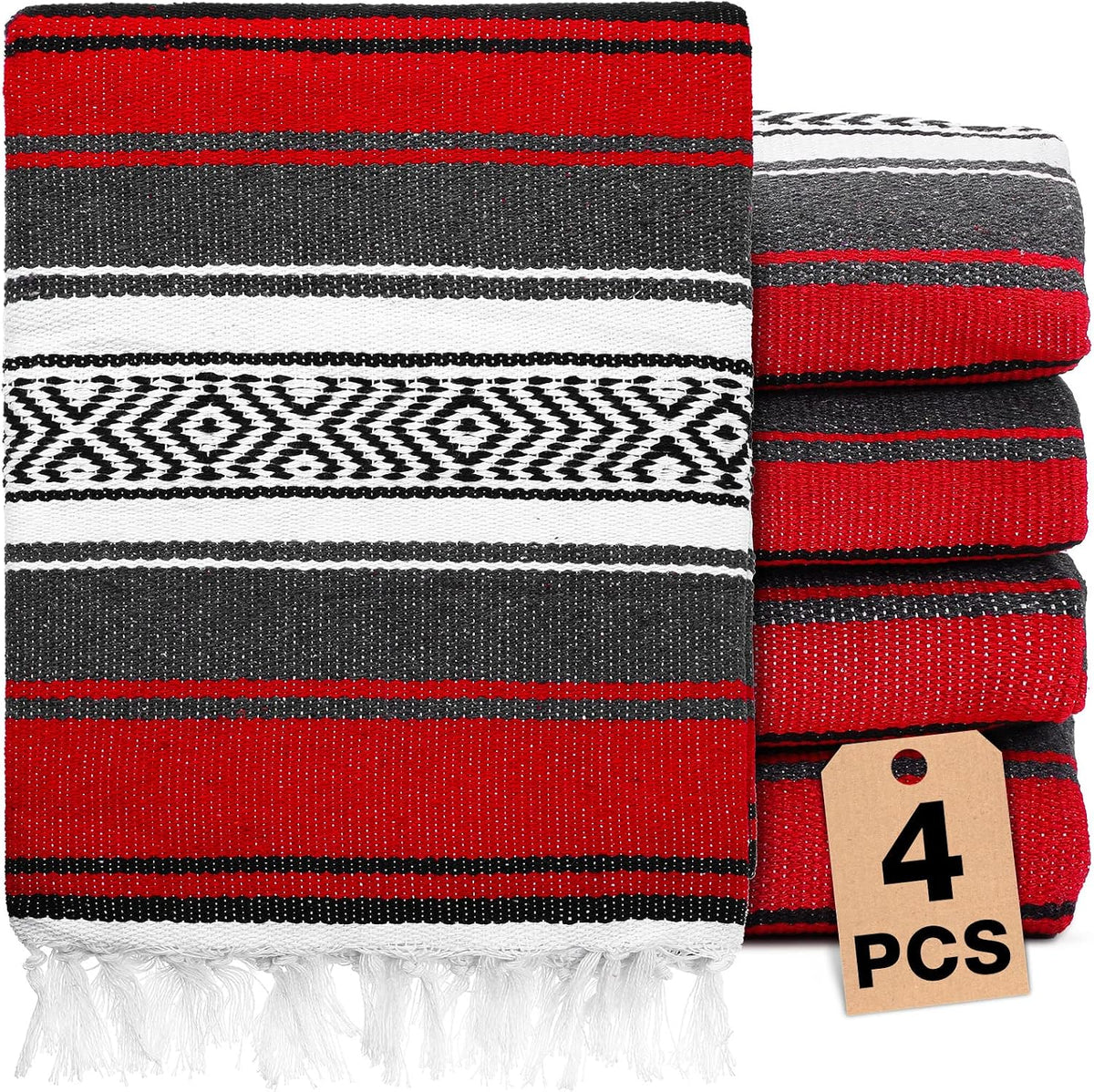 4 Pcs Mexican Blankets Bulk Handwoven Mexican Yoga Blanket Towel Colorful Falsa Serape Woven Throw Blanket Boho Beach Blankets for Outdoor Camping Beach Picnic Travel Home (Blue Green)