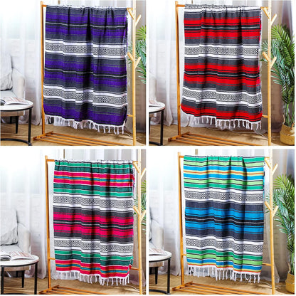 4 Pcs Mexican Blankets Bulk Handwoven Mexican Yoga Blanket Towel Colorful Falsa Serape Woven Throw Blanket Boho Beach Blankets for Outdoor Camping Beach Picnic Travel Home (Blue Green)