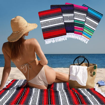 4 Pcs Mexican Blankets Bulk Handwoven Mexican Yoga Blanket Towel Colorful Falsa Serape Woven Throw Blanket Boho Beach Blankets for Outdoor Camping Beach Picnic Travel Home (Blue Green)