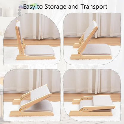 Japanese Floor Chair with Back Support, Foldable Meditation Chair, Legless Tatami Chair with Cushion, Floor Seat for Living Room, Bedroom, Bay Window (1, Gray)