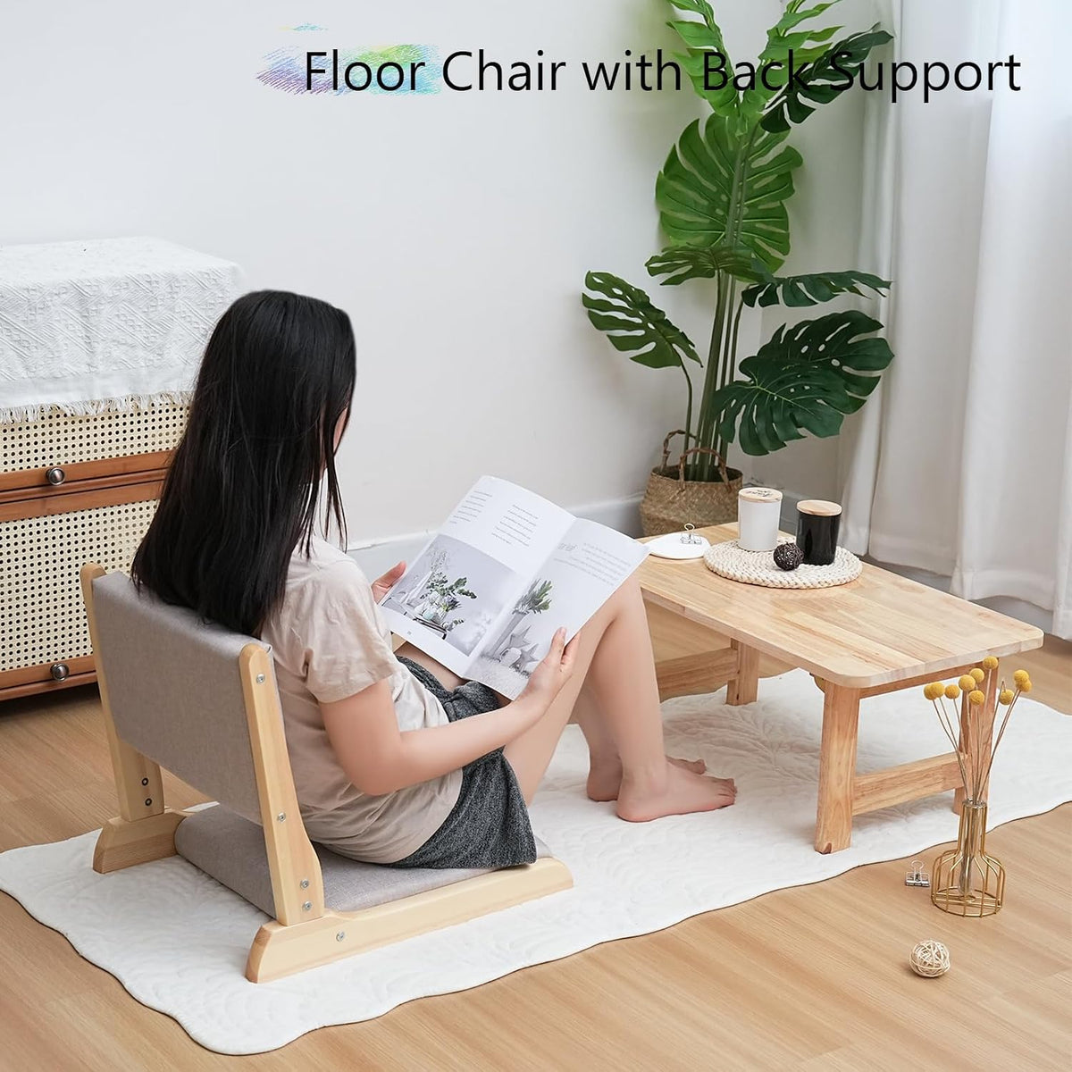 Japanese Floor Chair with Back Support, Foldable Meditation Chair, Legless Tatami Chair with Cushion, Floor Seat for Living Room, Bedroom, Bay Window (1, Gray)
