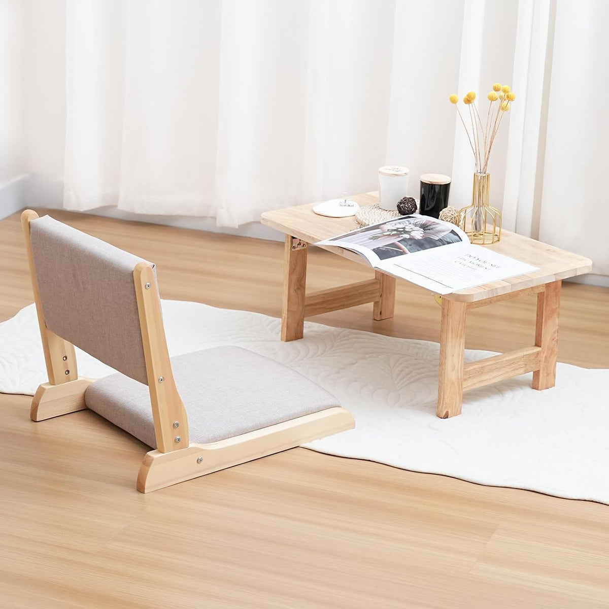 Japanese Floor Chair with Back Support, Foldable Meditation Chair, Legless Tatami Chair with Cushion, Floor Seat for Living Room, Bedroom, Bay Window (1, Gray)