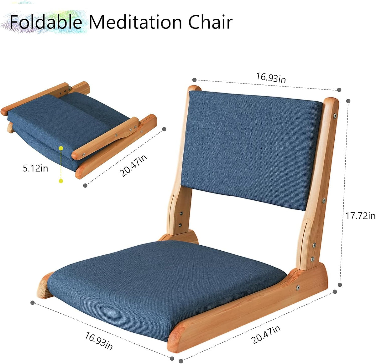 Japanese Floor Chair with Back Support, Foldable Meditation Chair, Legless Tatami Chair with Cushion, Floor Seat for Living Room, Bedroom, Bay Window (1, Gray)