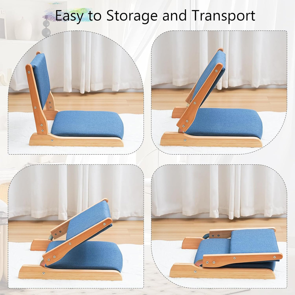 Japanese Floor Chair with Back Support, Foldable Meditation Chair, Legless Tatami Chair with Cushion, Floor Seat for Living Room, Bedroom, Bay Window (1, Gray)
