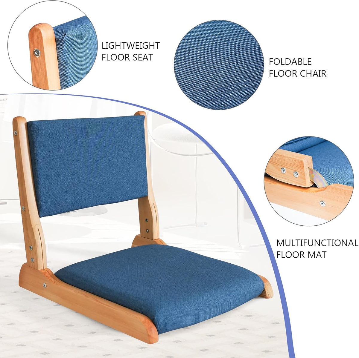 Japanese Floor Chair with Back Support, Foldable Meditation Chair, Legless Tatami Chair with Cushion, Floor Seat for Living Room, Bedroom, Bay Window (1, Gray)