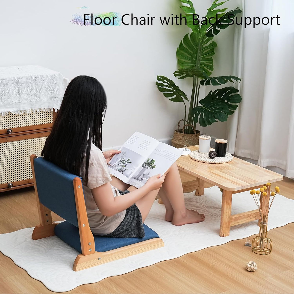 Japanese Floor Chair with Back Support, Foldable Meditation Chair, Legless Tatami Chair with Cushion, Floor Seat for Living Room, Bedroom, Bay Window (1, Gray)