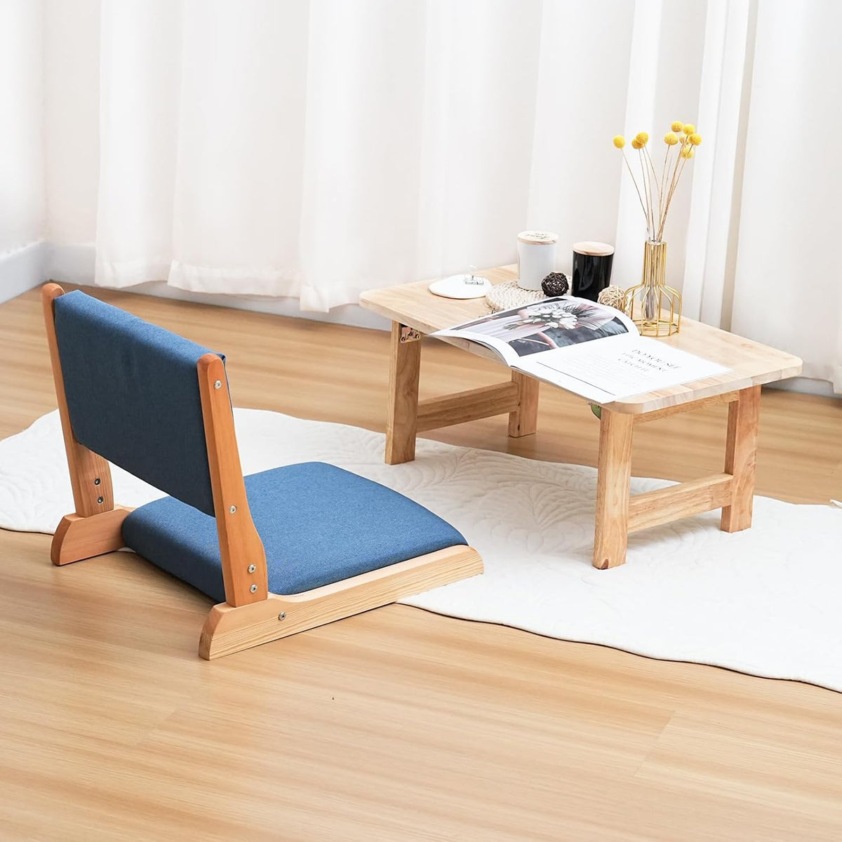 Japanese Floor Chair with Back Support, Foldable Meditation Chair, Legless Tatami Chair with Cushion, Floor Seat for Living Room, Bedroom, Bay Window (1, Gray)