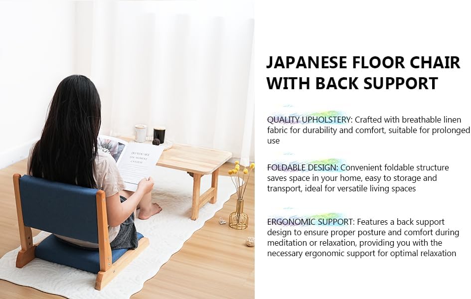 Japanese Floor Chair with Back Support, Foldable Meditation Chair, Legless Tatami Chair with Cushion, Floor Seat for Living Room, Bedroom, Bay Window (1, Gray)