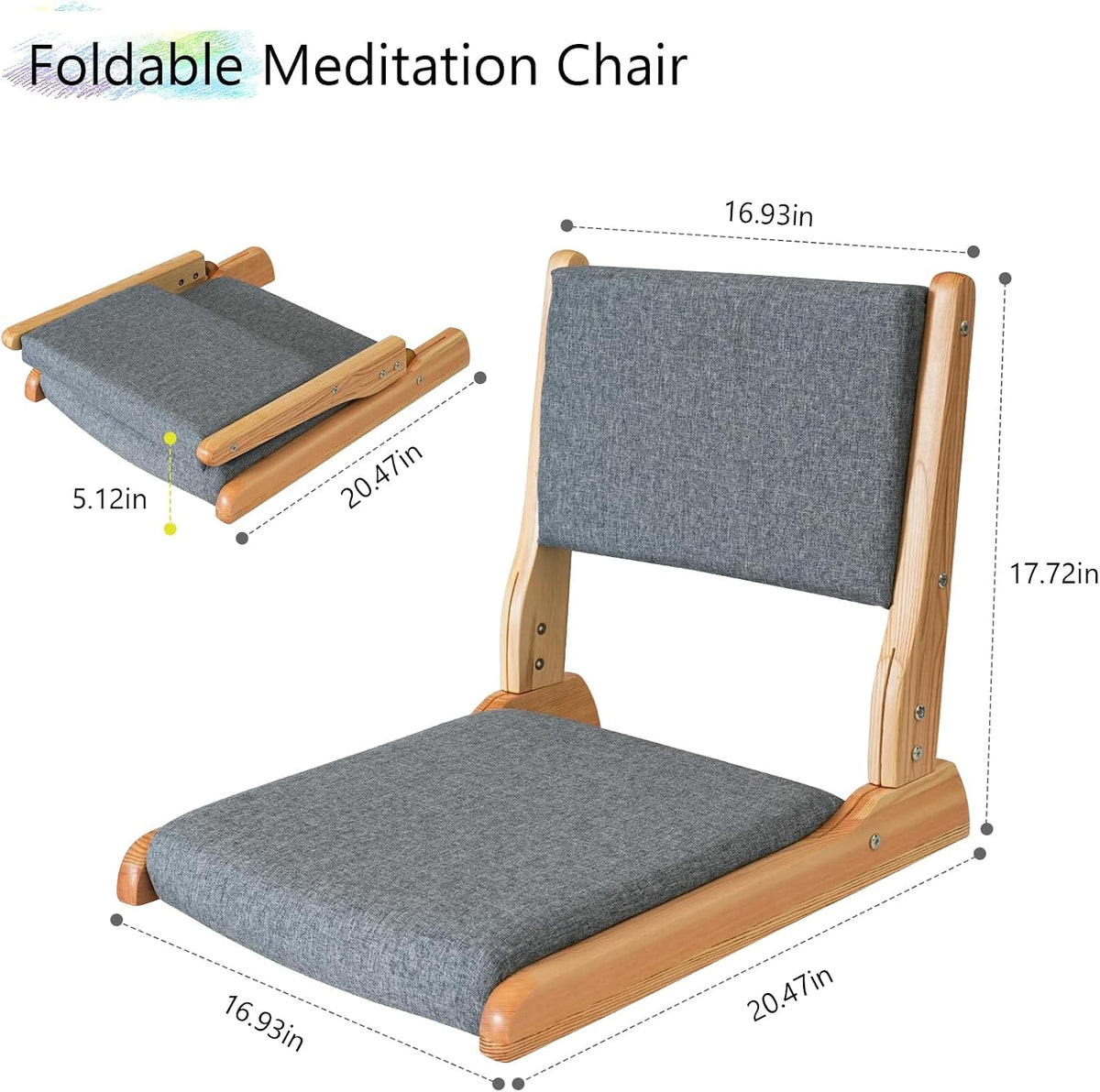 Japanese Floor Chair with Back Support, Foldable Meditation Chair, Legless Tatami Chair with Cushion, Floor Seat for Living Room, Bedroom, Bay Window (1, Gray)