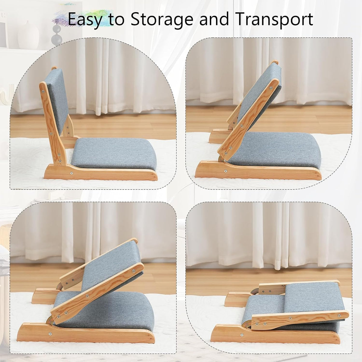 Japanese Floor Chair with Back Support, Foldable Meditation Chair, Legless Tatami Chair with Cushion, Floor Seat for Living Room, Bedroom, Bay Window (1, Gray)