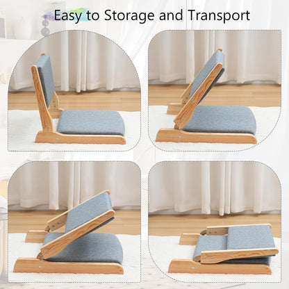 Japanese Floor Chair with Back Support, Foldable Meditation Chair, Legless Tatami Chair with Cushion, Floor Seat for Living Room, Bedroom, Bay Window (1, Gray)
