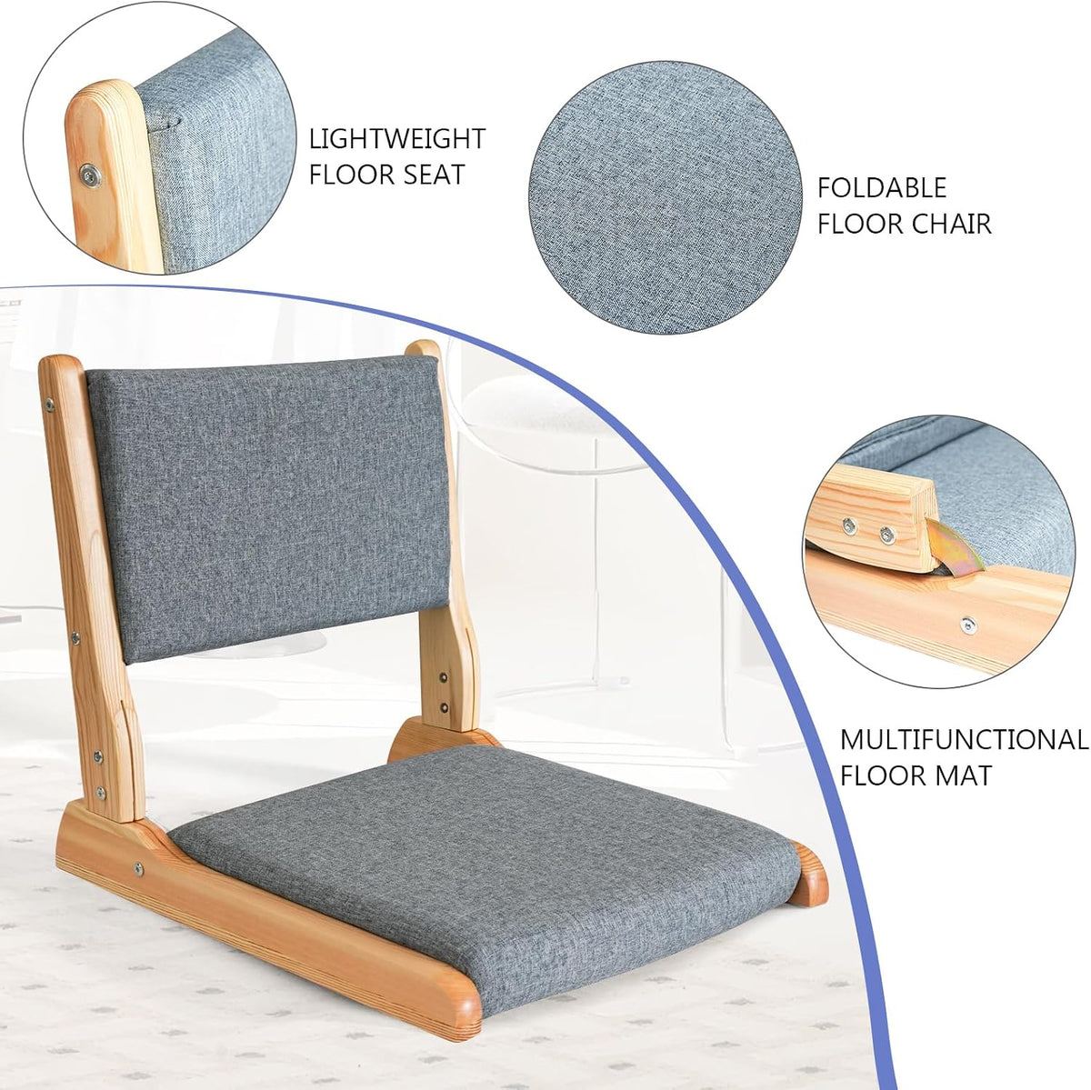 Japanese Floor Chair with Back Support, Foldable Meditation Chair, Legless Tatami Chair with Cushion, Floor Seat for Living Room, Bedroom, Bay Window (1, Gray)