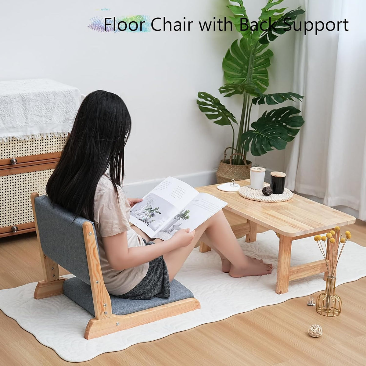 Japanese Floor Chair with Back Support, Foldable Meditation Chair, Legless Tatami Chair with Cushion, Floor Seat for Living Room, Bedroom, Bay Window (1, Gray)