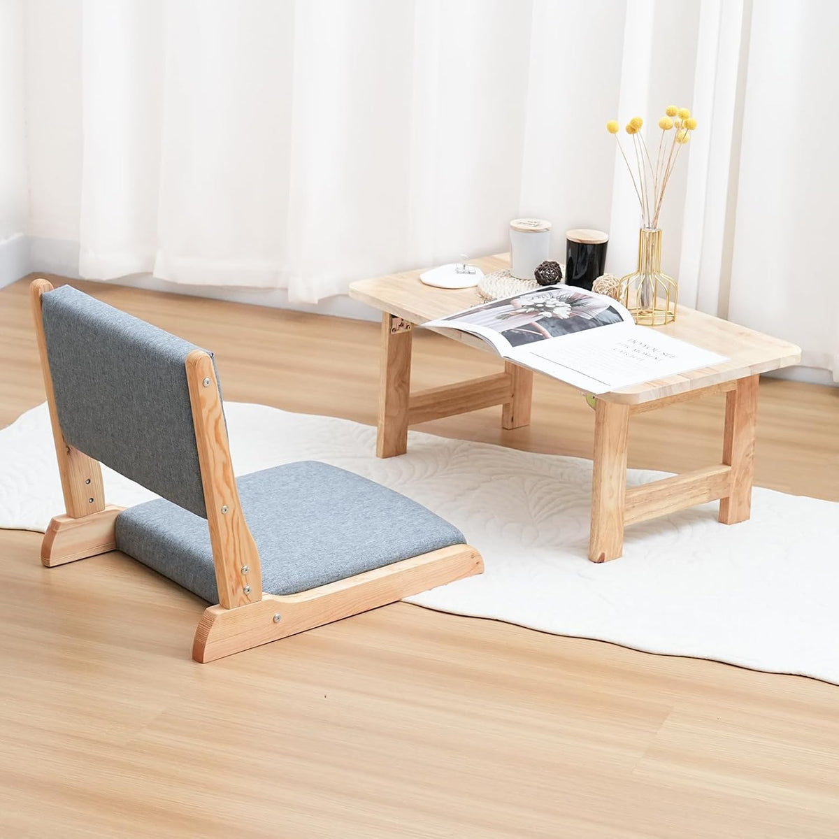 Japanese Floor Chair with Back Support, Foldable Meditation Chair, Legless Tatami Chair with Cushion, Floor Seat for Living Room, Bedroom, Bay Window (1, Gray)