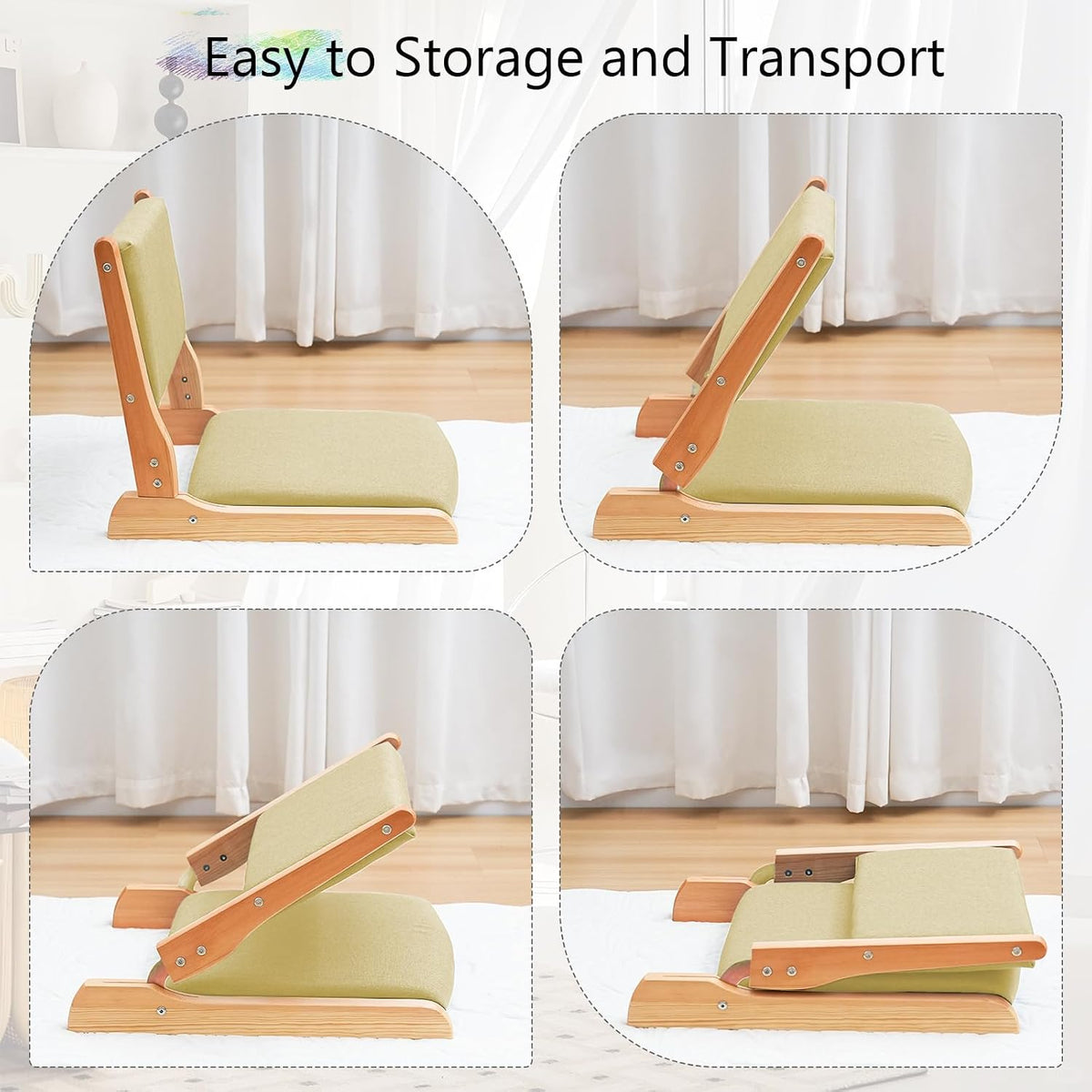 Japanese Floor Chair with Back Support, Foldable Meditation Chair, Legless Tatami Chair with Cushion, Floor Seat for Living Room, Bedroom, Bay Window (1, Gray)