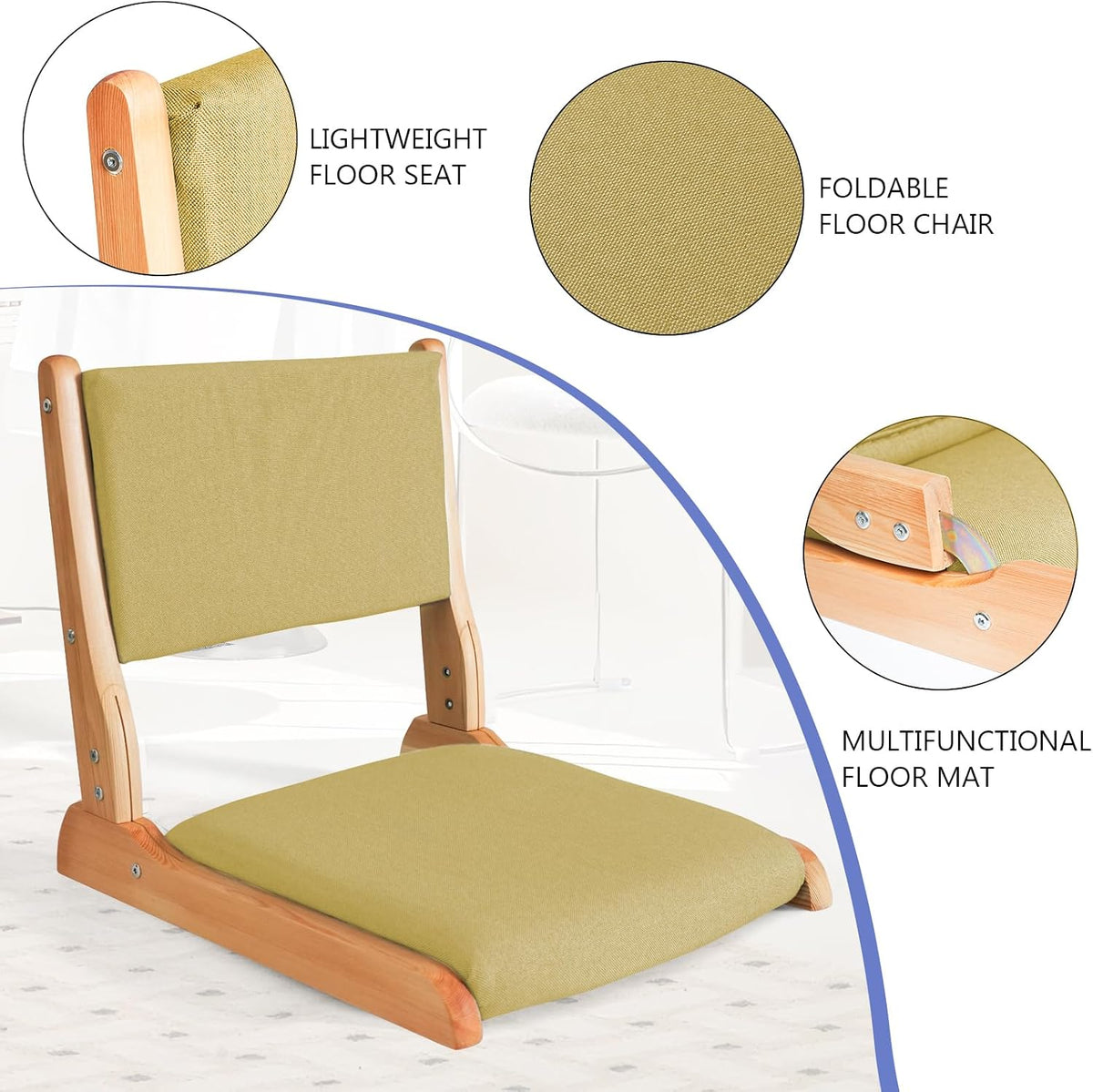 Japanese Floor Chair with Back Support, Foldable Meditation Chair, Legless Tatami Chair with Cushion, Floor Seat for Living Room, Bedroom, Bay Window (1, Gray)
