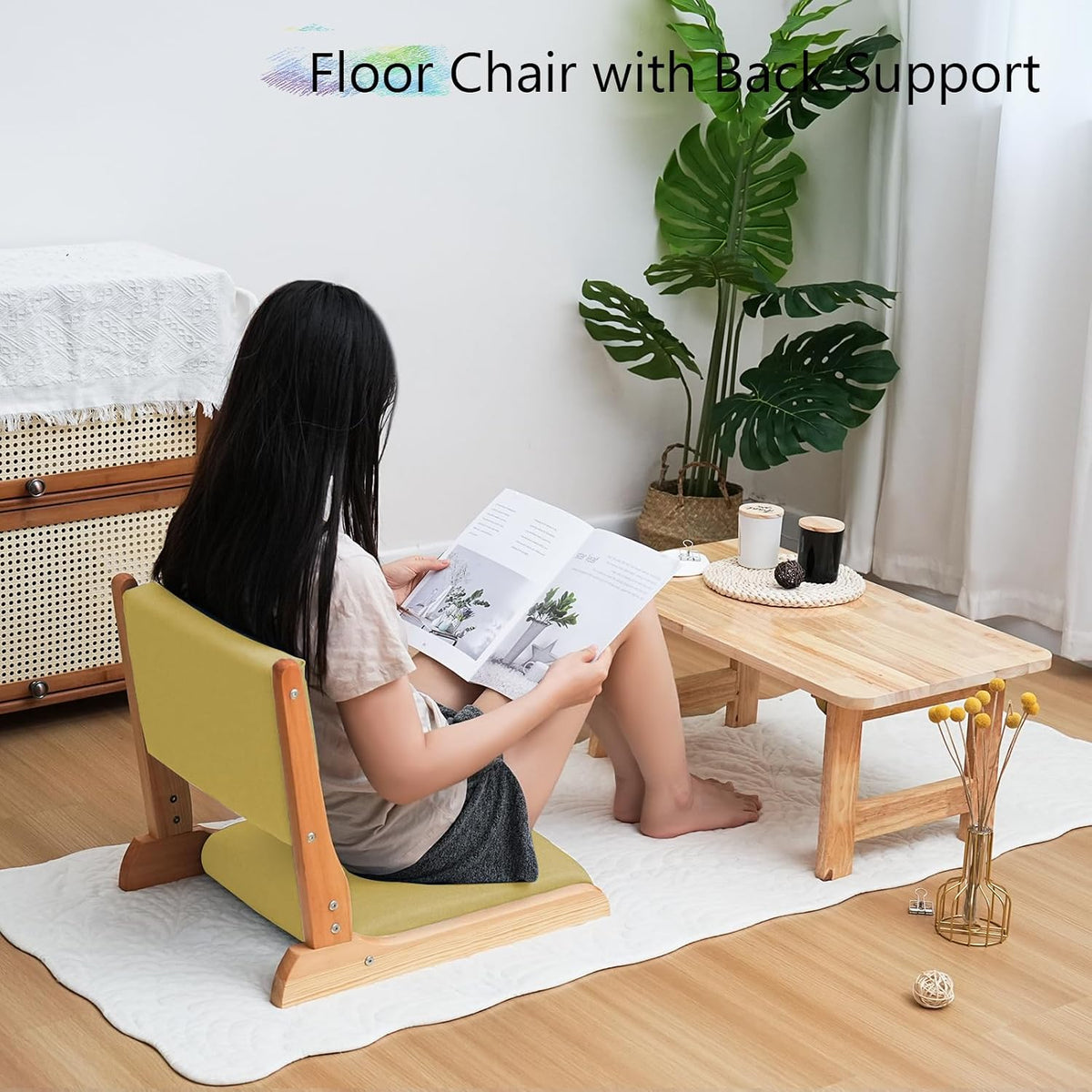 Japanese Floor Chair with Back Support, Foldable Meditation Chair, Legless Tatami Chair with Cushion, Floor Seat for Living Room, Bedroom, Bay Window (1, Gray)