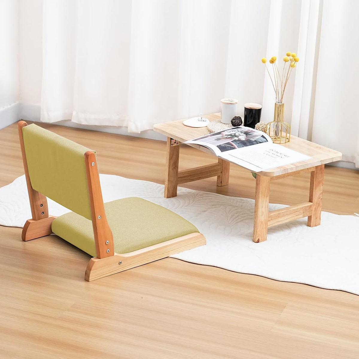 Japanese Floor Chair with Back Support, Foldable Meditation Chair, Legless Tatami Chair with Cushion, Floor Seat for Living Room, Bedroom, Bay Window (1, Gray)