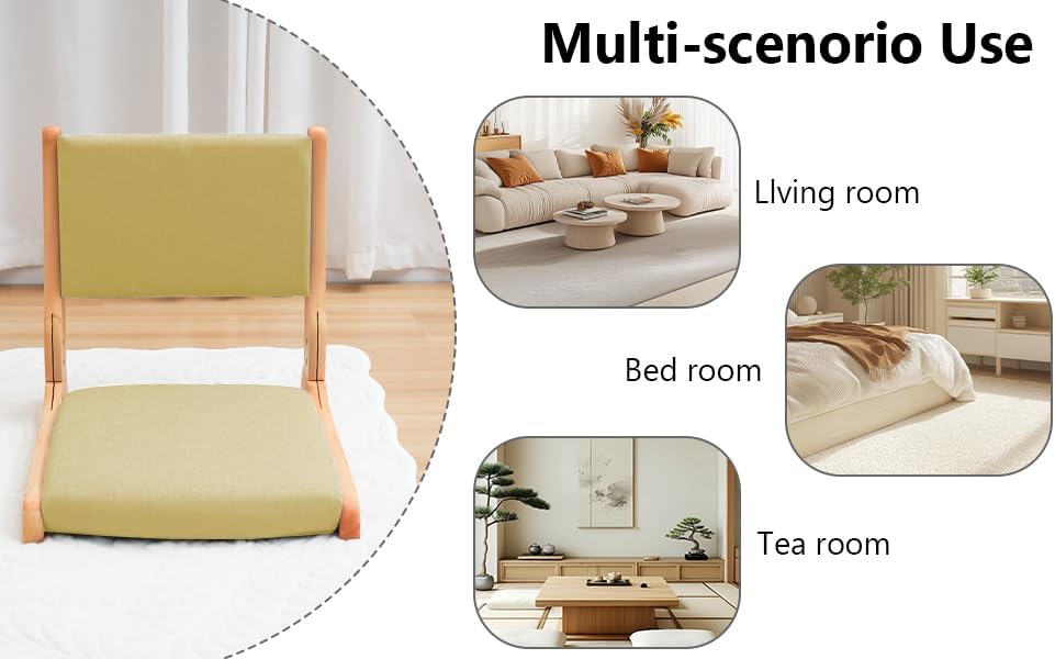 Japanese Floor Chair with Back Support, Foldable Meditation Chair, Legless Tatami Chair with Cushion, Floor Seat for Living Room, Bedroom, Bay Window (1, Gray)