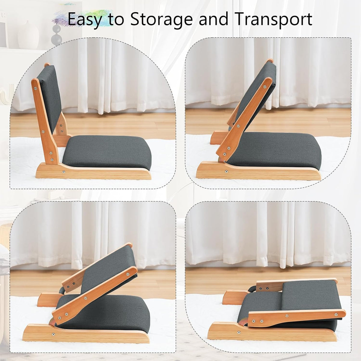 Japanese Floor Chair with Back Support, Foldable Meditation Chair, Legless Tatami Chair with Cushion, Floor Seat for Living Room, Bedroom, Bay Window (1, Gray)