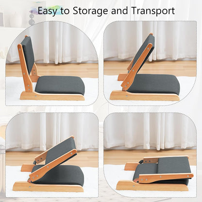 Japanese Floor Chair with Back Support, Foldable Meditation Chair, Legless Tatami Chair with Cushion, Floor Seat for Living Room, Bedroom, Bay Window (1, Gray)