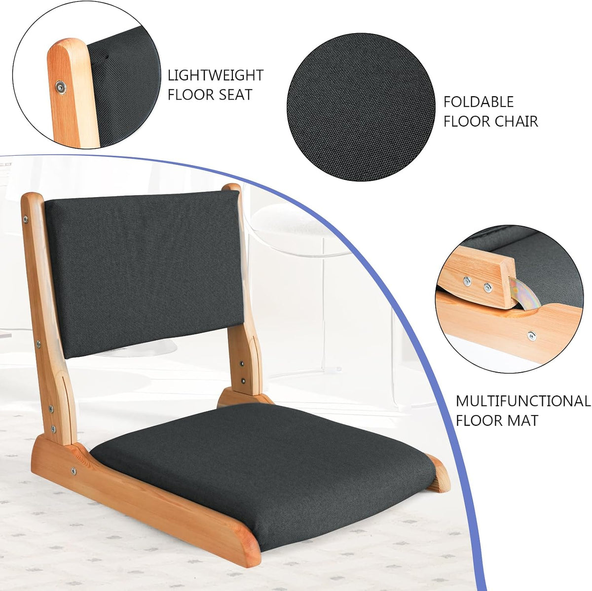 Japanese Floor Chair with Back Support, Foldable Meditation Chair, Legless Tatami Chair with Cushion, Floor Seat for Living Room, Bedroom, Bay Window (1, Gray)
