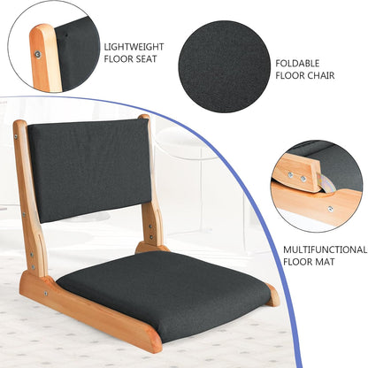 Japanese Floor Chair with Back Support, Foldable Meditation Chair, Legless Tatami Chair with Cushion, Floor Seat for Living Room, Bedroom, Bay Window (1, Gray)