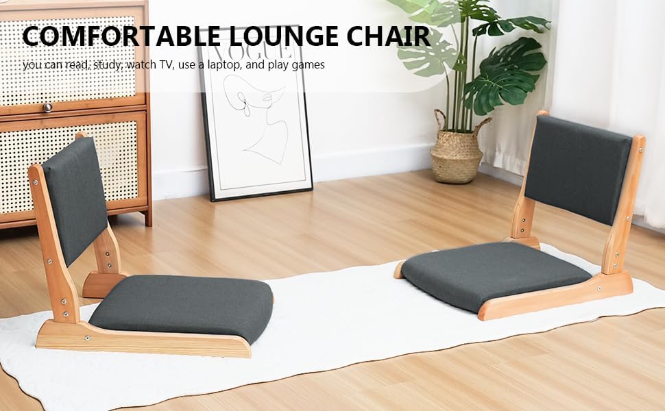 Japanese Floor Chair with Back Support, Foldable Meditation Chair, Legless Tatami Chair with Cushion, Floor Seat for Living Room, Bedroom, Bay Window (1, Gray)
