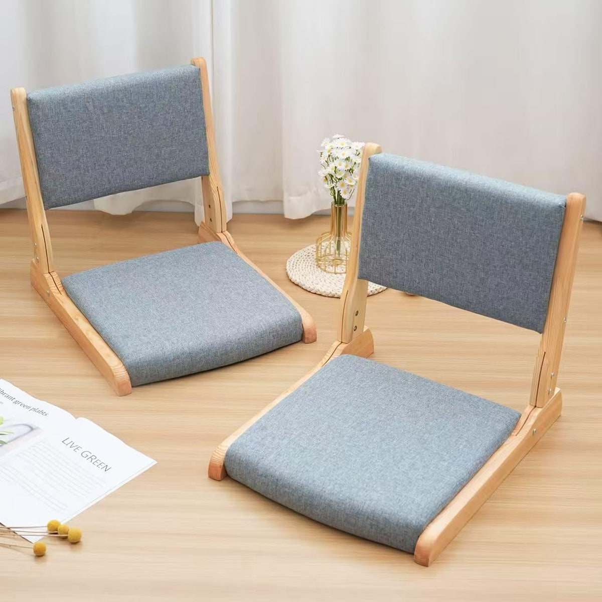 Japanese Floor Chair with Back Support, Foldable Meditation Chair, Legless Tatami Chair with Cushion, Floor Seat for Living Room, Bedroom, Bay Window (1, Gray)