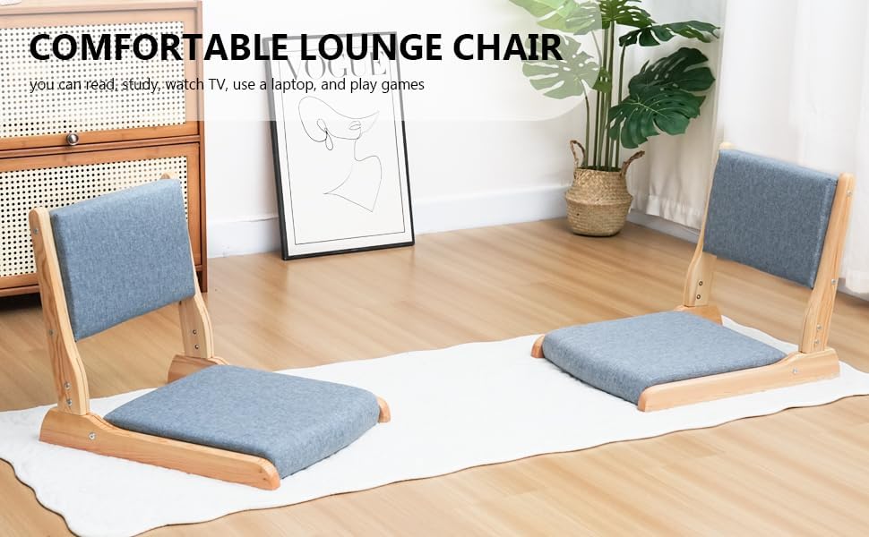 Japanese Floor Chair with Back Support, Foldable Meditation Chair, Legless Tatami Chair with Cushion, Floor Seat for Living Room, Bedroom, Bay Window (1, Gray)