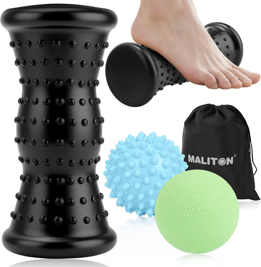 Massage Ball & Foot Roller - 3-in-1 Set with Spiky Ball, Lacrosse Ball, Massage Roller - Plantar Fasciitis Relief and Heel Spur Pain, Trigger Point Therapy for Deep Muscle Massage.