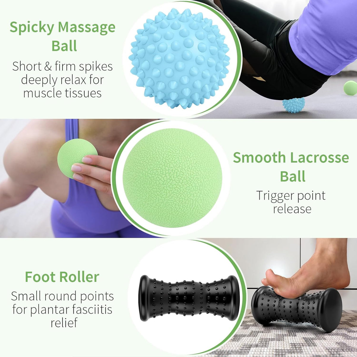 Massage Ball & Foot Roller - 3-in-1 Set with Spiky Ball, Lacrosse Ball, Massage Roller - Plantar Fasciitis Relief and Heel Spur Pain, Trigger Point Therapy for Deep Muscle Massage.