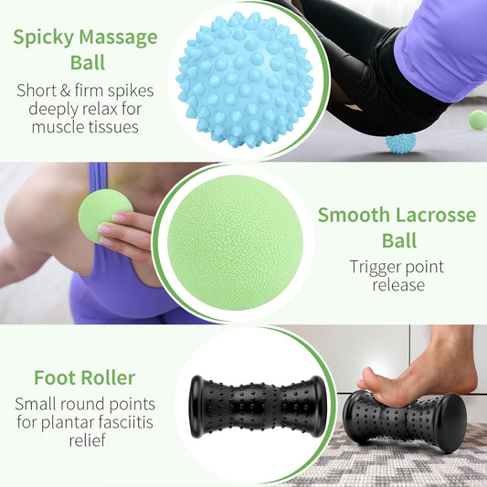 Massage Ball & Foot Roller - 3-in-1 Set with Spiky Ball, Lacrosse Ball, Massage Roller - Plantar Fasciitis Relief and Heel Spur Pain, Trigger Point Therapy for Deep Muscle Massage.