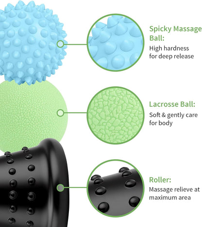 Massage Ball & Foot Roller - 3-in-1 Set with Spiky Ball, Lacrosse Ball, Massage Roller - Plantar Fasciitis Relief and Heel Spur Pain, Trigger Point Therapy for Deep Muscle Massage.