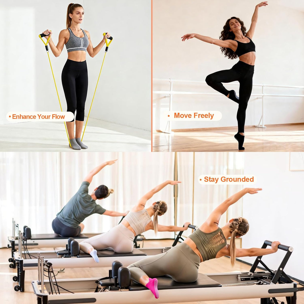 5 Pairs Pilates Socks with Grips for Women Non Slip Grip Yoga Crew Socks for Barre Hospital Barefoot Workout