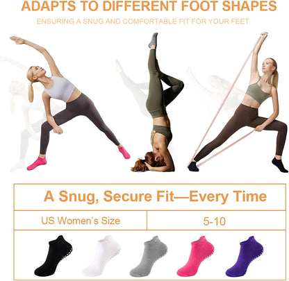 5 Pairs Pilates Socks with Grips for Women Non Slip Grip Yoga Crew Socks for Barre Hospital Barefoot Workout