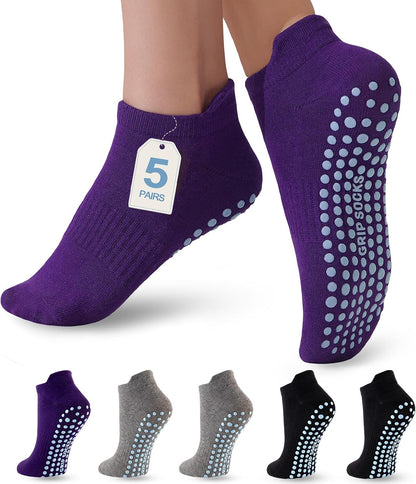 5 Pairs Pilates Socks with Grips for Women Non Slip Grip Yoga Crew Socks for Barre Hospital Barefoot Workout
