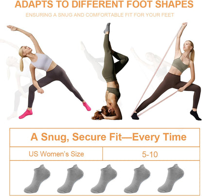 5 Pairs Pilates Socks with Grips for Women Non Slip Grip Yoga Crew Socks for Barre Hospital Barefoot Workout