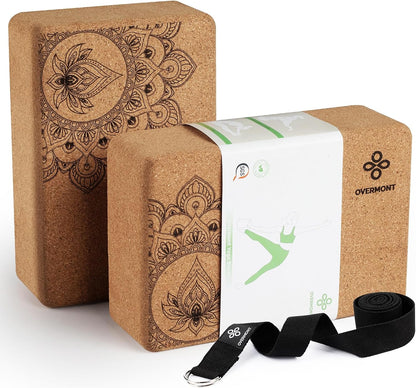 Cork Yoga Blocks 2 pack with 8ft Strap Natural Cork Bricks