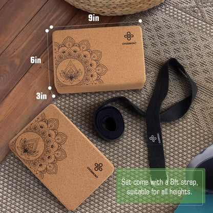 Cork Yoga Blocks 2 pack with 8ft Strap Natural Cork Bricks