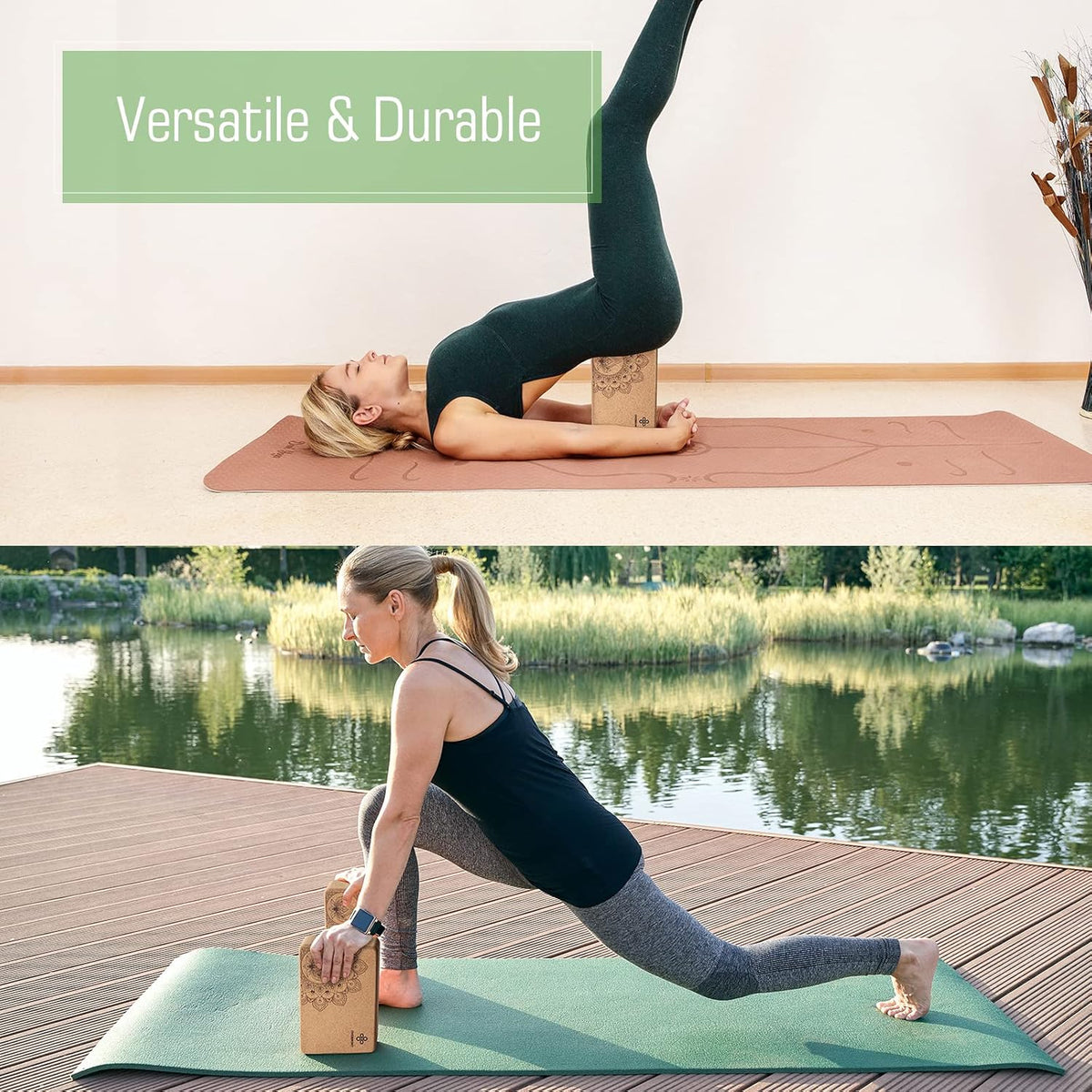 Cork Yoga Blocks 2 pack with 8ft Strap Natural Cork Bricks